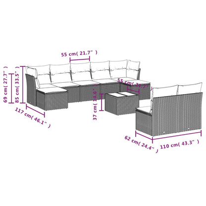 10-tlg. Garten-Sofagarnitur mit Kissen Grau Poly Rattan