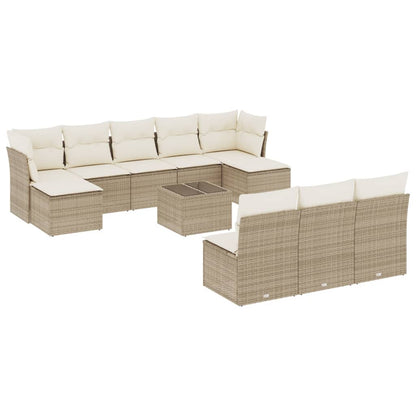 11-tlg. Garten-Sofagarnitur mit Kissen Beige Poly Rattan