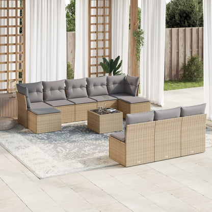 11-tlg. Garten-Sofagarnitur mit Kissen Beige Poly Rattan