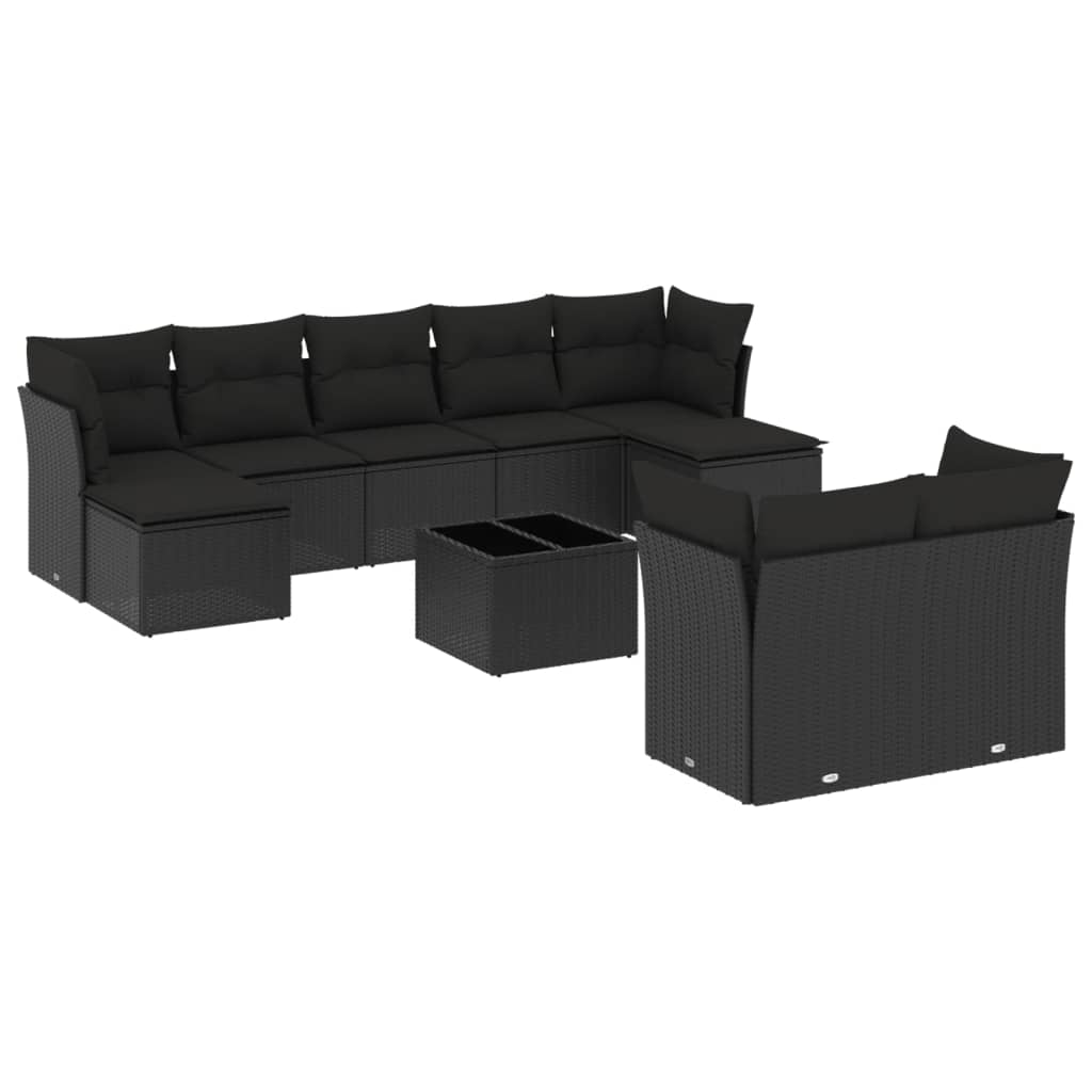 10-tlg. Garten-Sofagarnitur mit Kissen Schwarz Poly Rattan