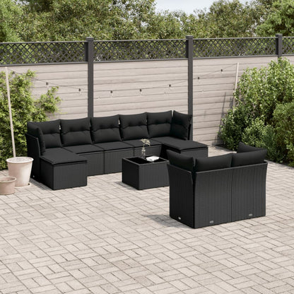 10-tlg. Garten-Sofagarnitur mit Kissen Schwarz Poly Rattan