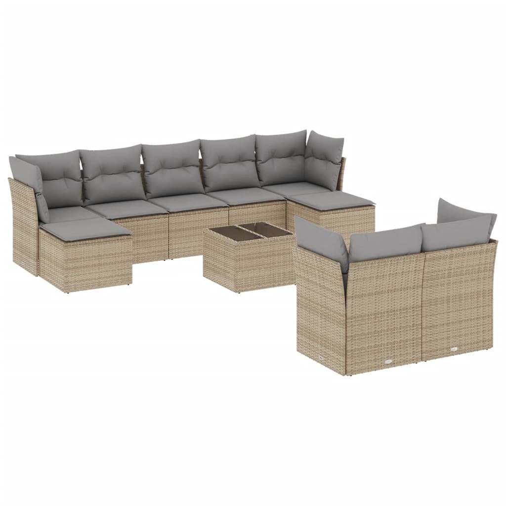 10-tlg. Garten-Sofagarnitur mit Kissen Beige Poly Rattan