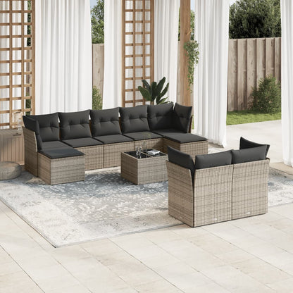 10-tlg. Garten-Sofagarnitur mit Kissen Grau Poly Rattan