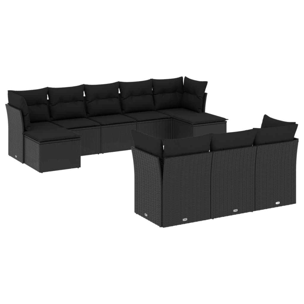 10-tlg. Garten-Sofagarnitur mit Kissen Schwarz Poly Rattan