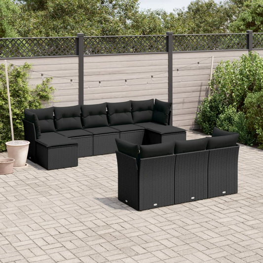 10-tlg. Garten-Sofagarnitur mit Kissen Schwarz Poly Rattan