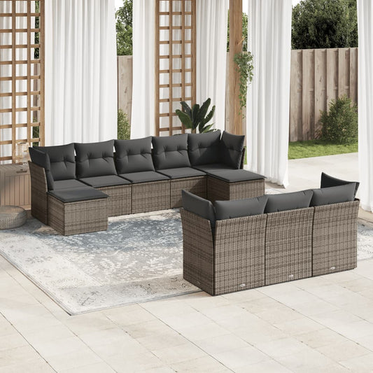 10-tlg. Garten-Sofagarnitur mit Kissen Grau Poly Rattan