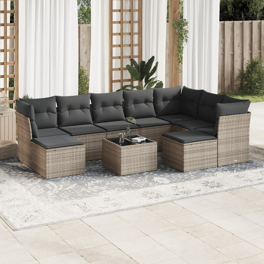 10-tlg. Garten-Sofagarnitur mit Kissen Grau Poly Rattan