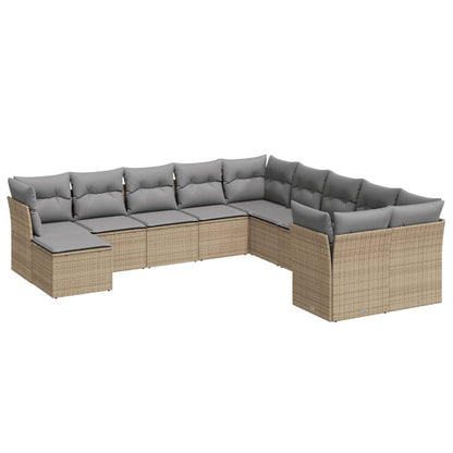 11-tlg. Garten-Sofagarnitur mit Kissen Beige Poly Rattan