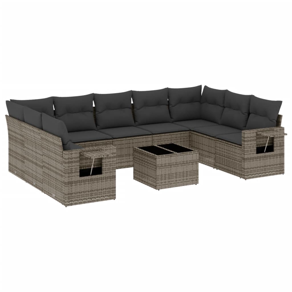 10-tlg. Garten-Sofagarnitur mit Kissen Grau Poly Rattan