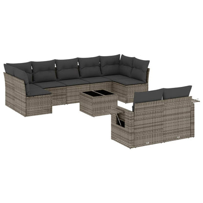 10-tlg. Garten-Sofagarnitur mit Kissen Grau Poly Rattan