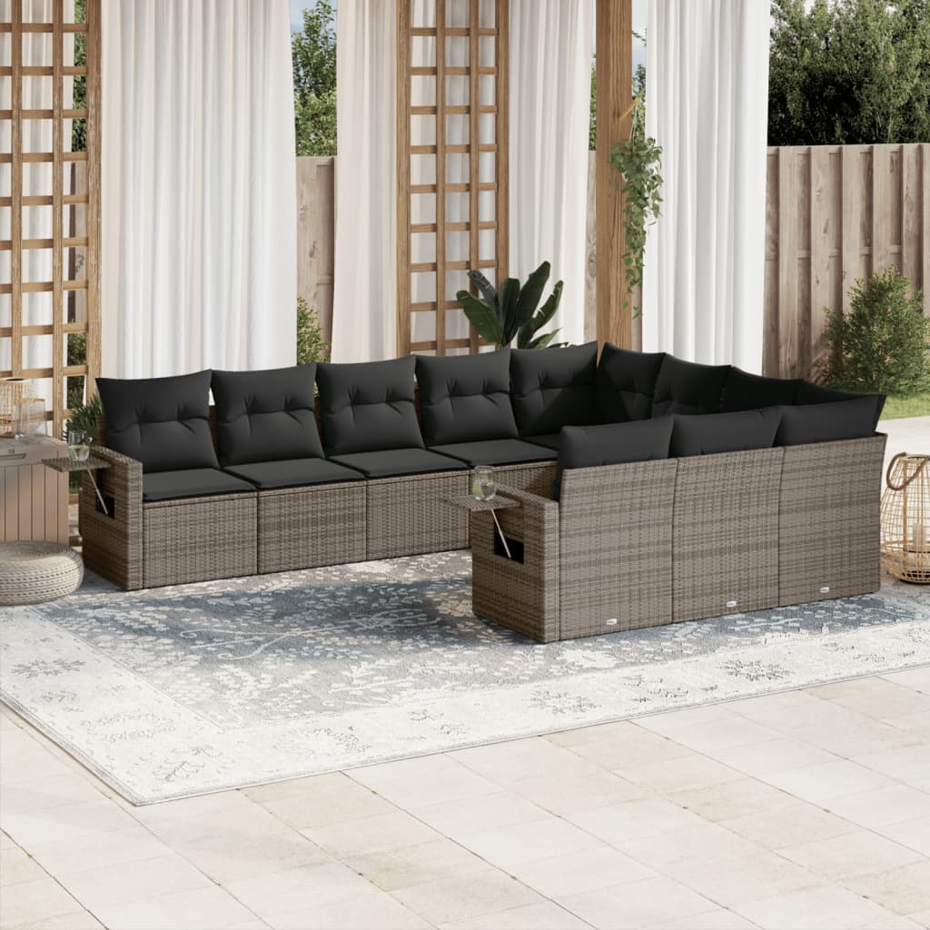 10-tlg. Garten-Sofagarnitur mit Kissen Grau Poly Rattan