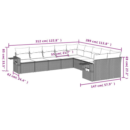 10-tlg. Garten-Sofagarnitur mit Kissen Grau Poly Rattan