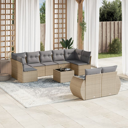 10-tlg. Garten-Sofagarnitur mit Kissen Beige Poly Rattan