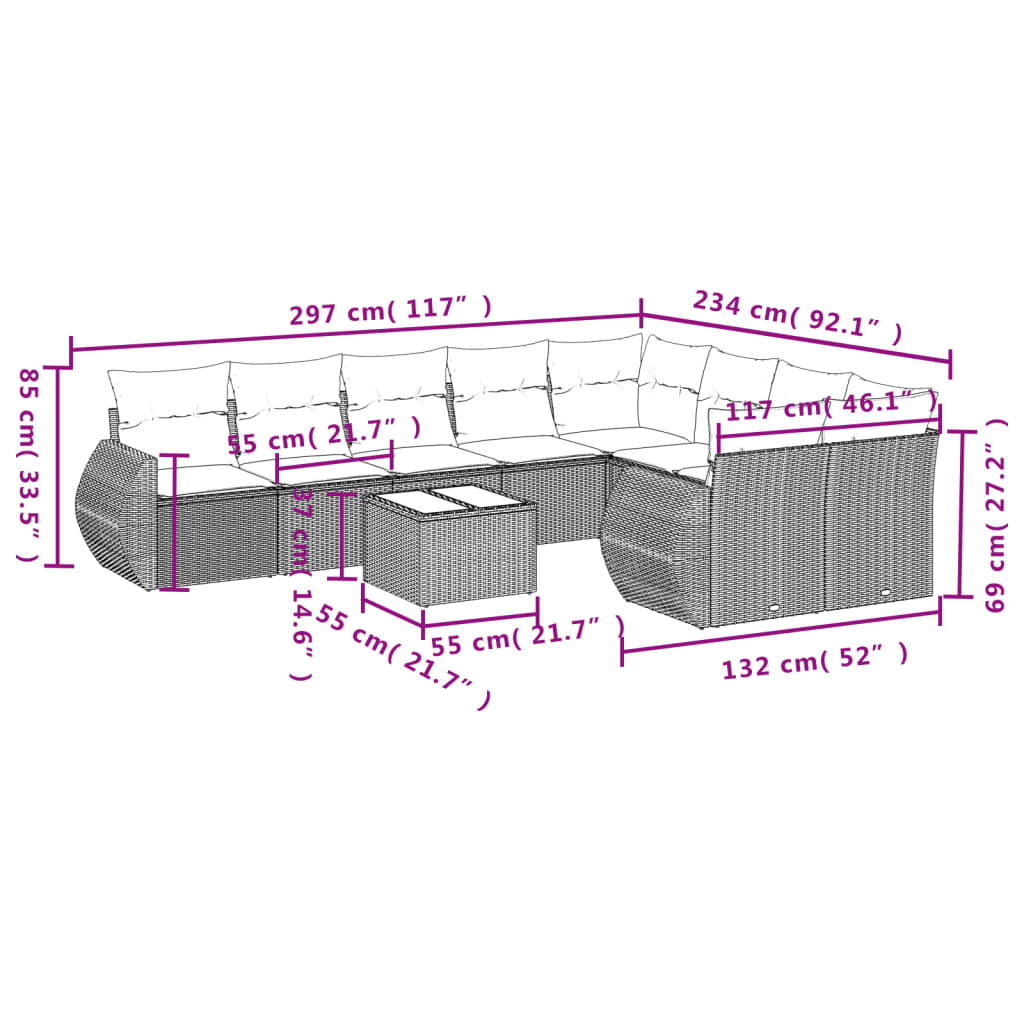 10-tlg. Garten-Sofagarnitur mit Kissen Schwarz Poly Rattan