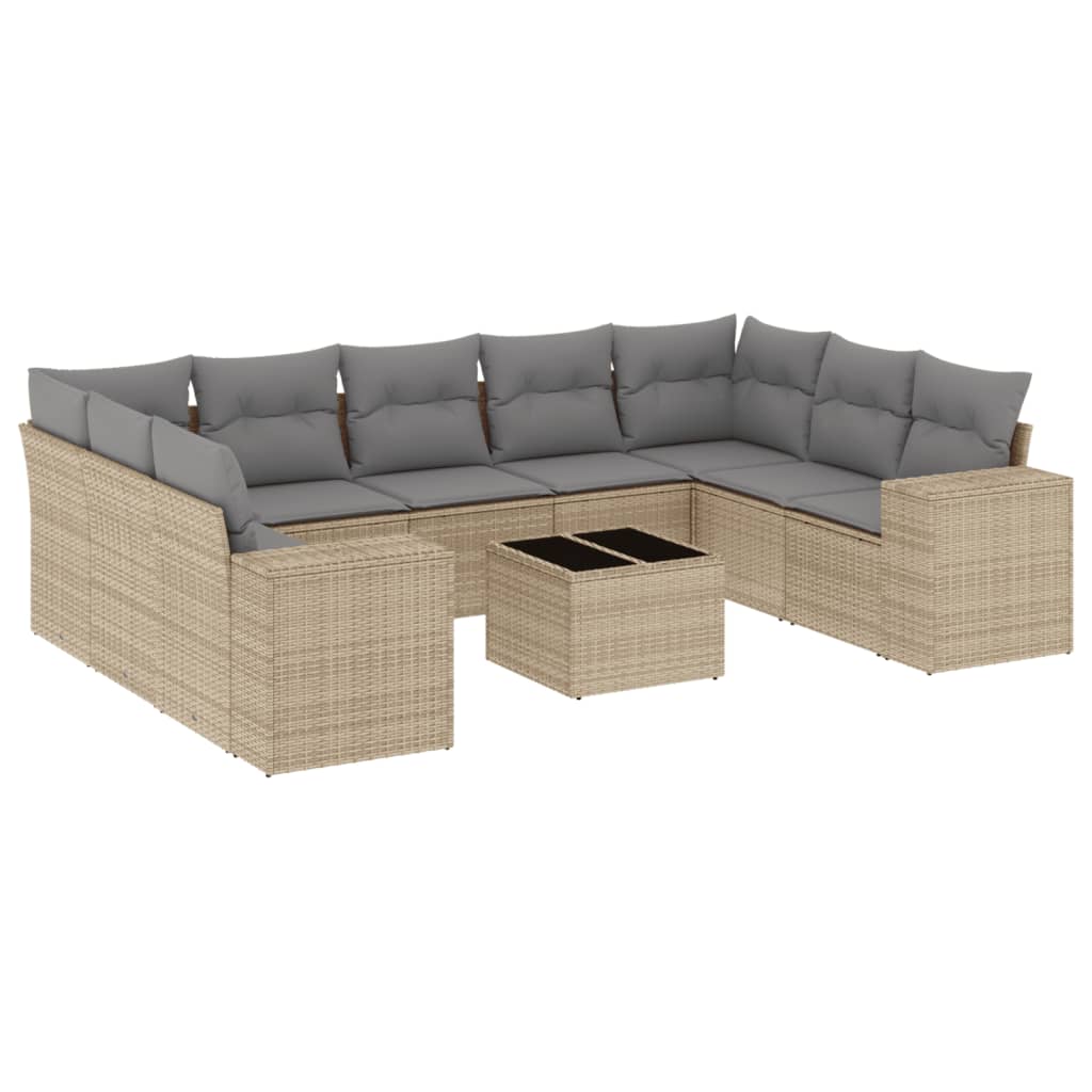 10-tlg. Garten-Sofagarnitur mit Kissen Beige Poly Rattan