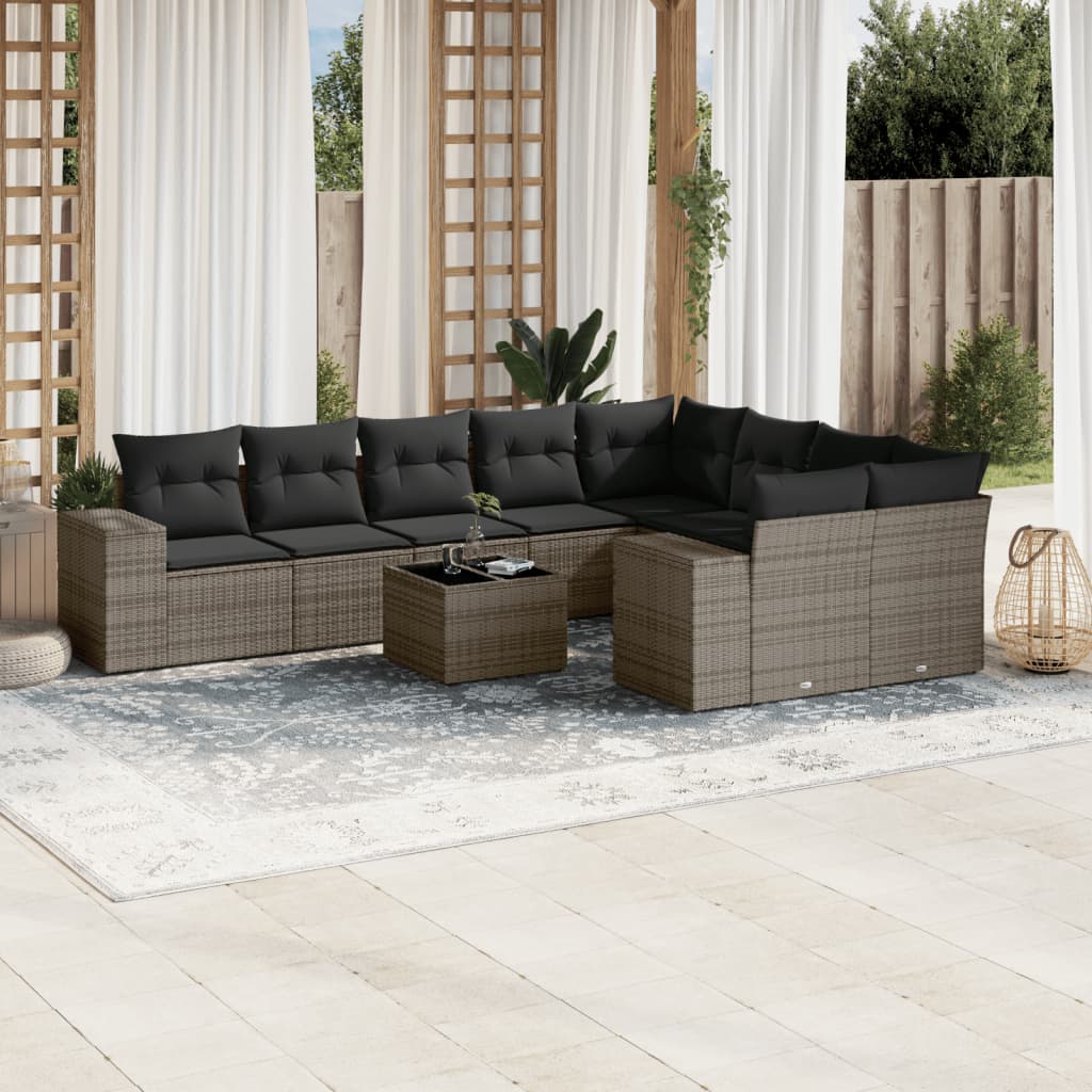 10-tlg. Garten-Sofagarnitur mit Kissen Grau Poly Rattan