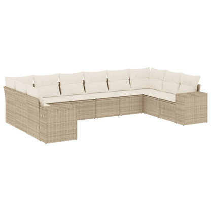 10-tlg. Garten-Sofagarnitur mit Kissen Beige Poly Rattan