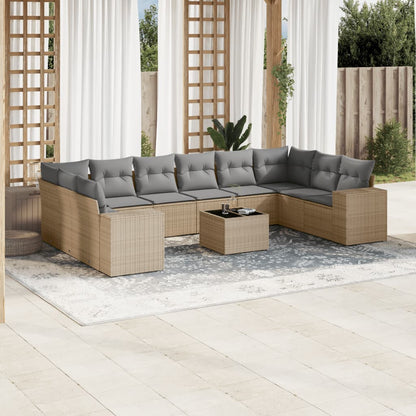 11-tlg. Garten-Sofagarnitur mit Kissen Beige Poly Rattan