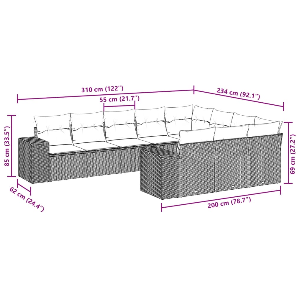 10-tlg. Garten-Sofagarnitur mit Kissen Schwarz Poly Rattan