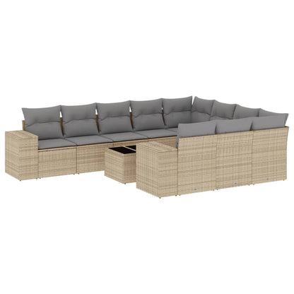 11-tlg. Garten-Sofagarnitur mit Kissen Beige Poly Rattan