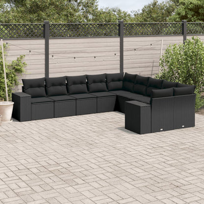 10-tlg. Garten-Sofagarnitur mit Kissen Schwarz Poly Rattan