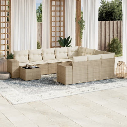 11-tlg. Garten-Sofagarnitur mit Kissen Beige Poly Rattan