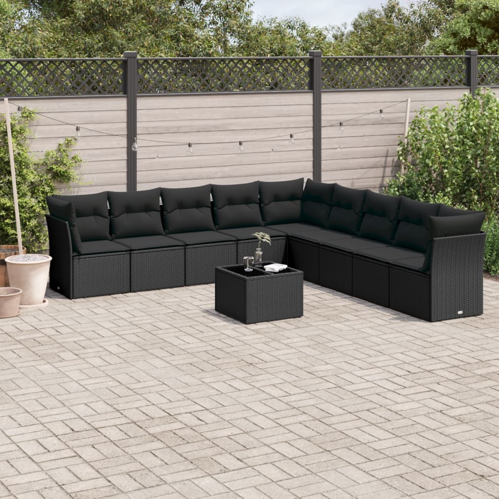 10-tlg. Garten-Sofagarnitur mit Kissen Schwarz Poly Rattan