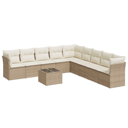 10-tlg. Garten-Sofagarnitur mit Kissen Beige Poly Rattan