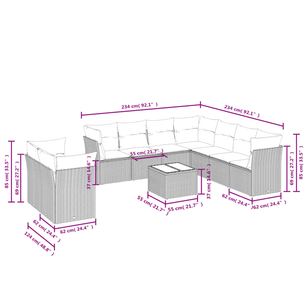 10-tlg. Garten-Sofagarnitur mit Kissen Grau Poly Rattan