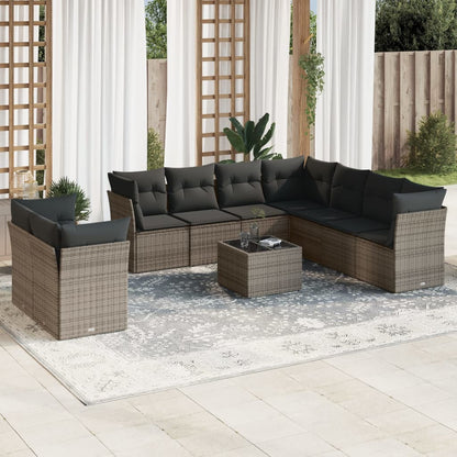 10-tlg. Garten-Sofagarnitur mit Kissen Grau Poly Rattan