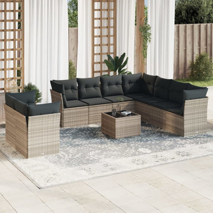 10-tlg. Garten-Sofagarnitur mit Kissen Hellgrau Poly Rattan