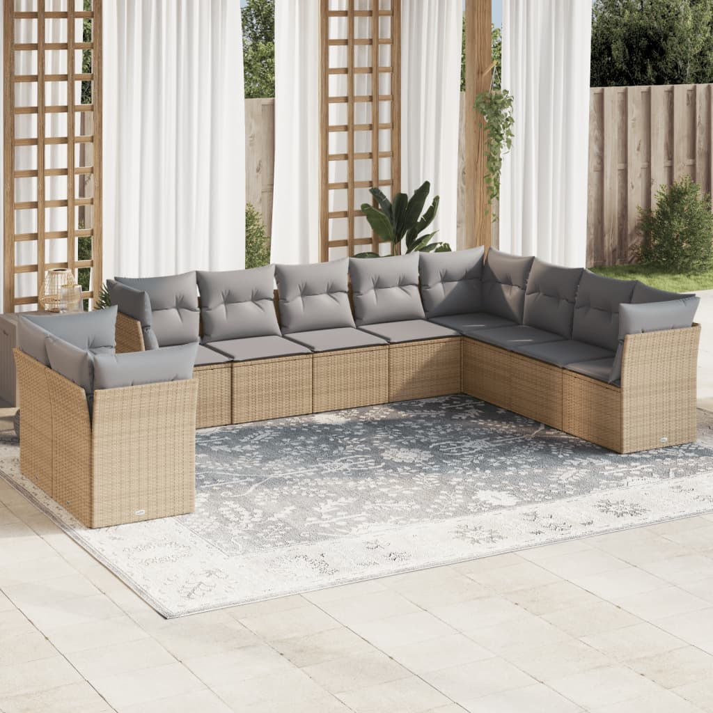 10-tlg. Garten-Sofagarnitur mit Kissen Beige Poly Rattan