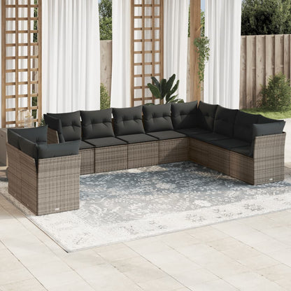 10-tlg. Garten-Sofagarnitur mit Kissen Grau Poly Rattan