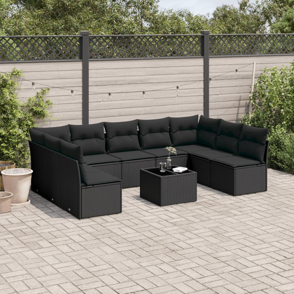 10-tlg. Garten-Sofagarnitur mit Kissen Schwarz Poly Rattan