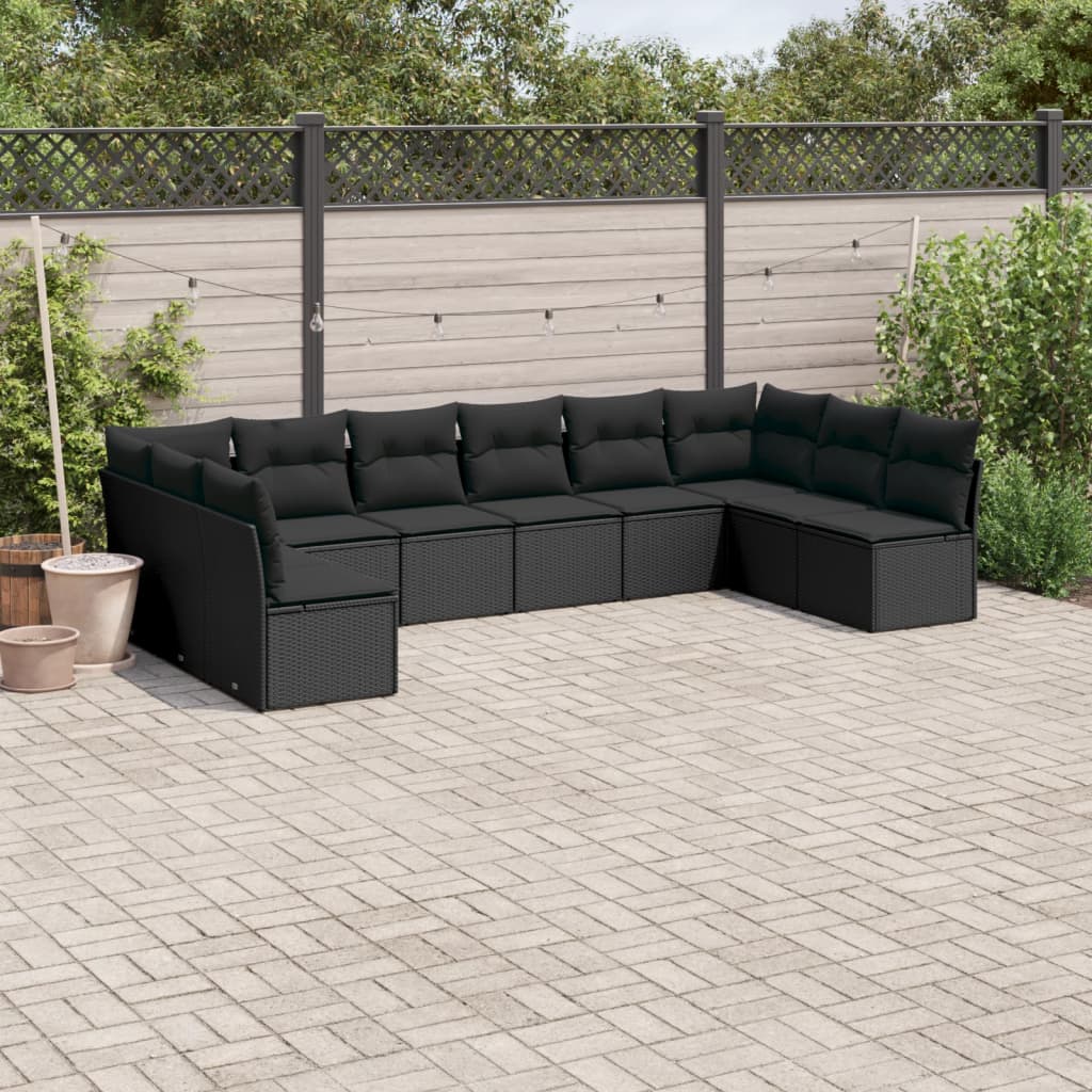 10-tlg. Garten-Sofagarnitur mit Kissen Schwarz Poly Rattan