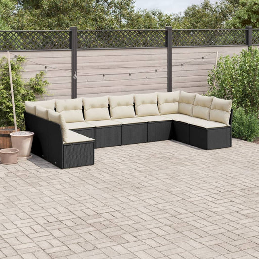 10-tlg. Garten-Sofagarnitur mit Kissen Schwarz Poly Rattan