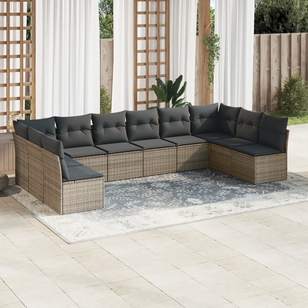 10-tlg. Garten-Sofagarnitur mit Kissen Grau Poly Rattan