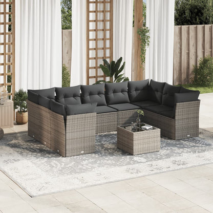 10-tlg. Garten-Sofagarnitur mit Kissen Grau Poly Rattan