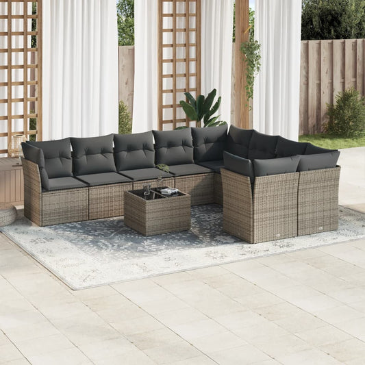 10-tlg. Garten-Sofagarnitur mit Kissen Grau Poly Rattan