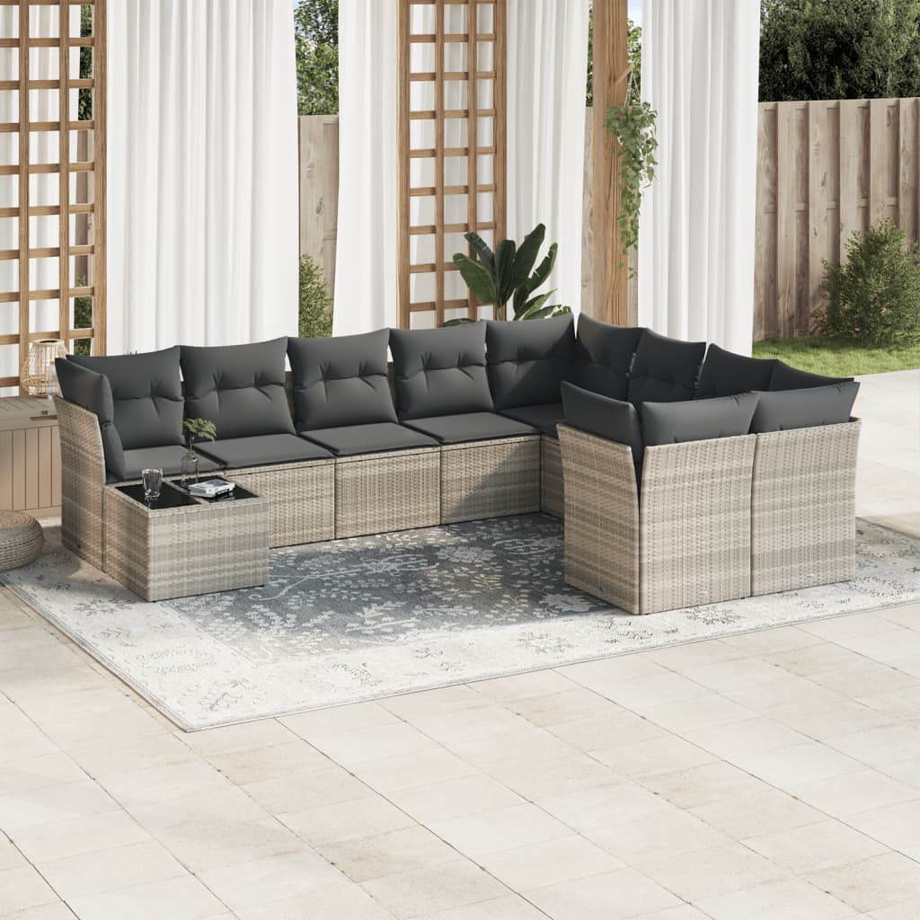 10-tlg. Garten-Sofagarnitur mit Kissen Hellgrau Poly Rattan