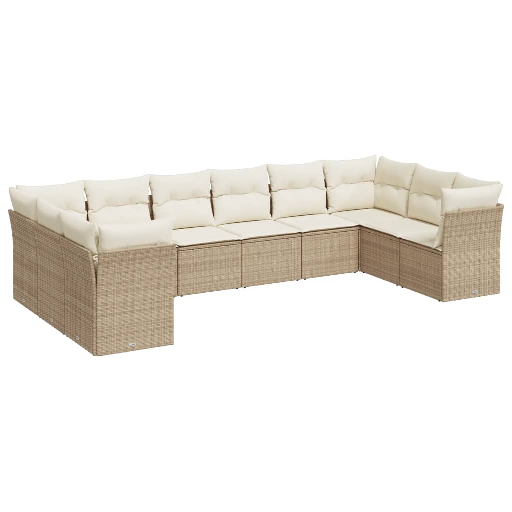 10-tlg. Garten-Sofagarnitur mit Kissen Beige Poly Rattan