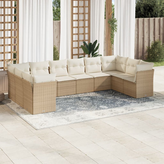 10-tlg. Garten-Sofagarnitur mit Kissen Beige Poly Rattan