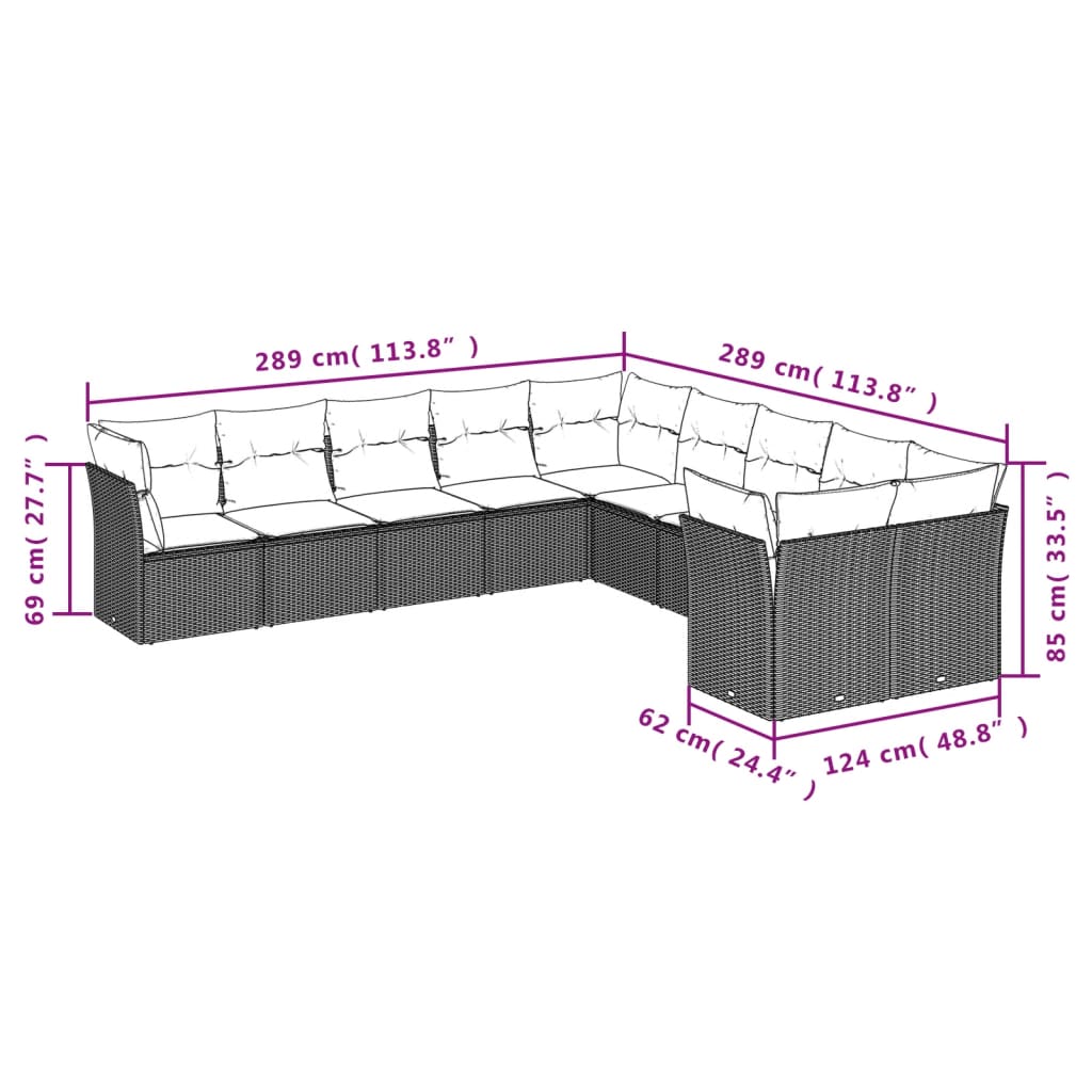 10-tlg. Garten-Sofagarnitur mit Kissen Braun Poly Rattan