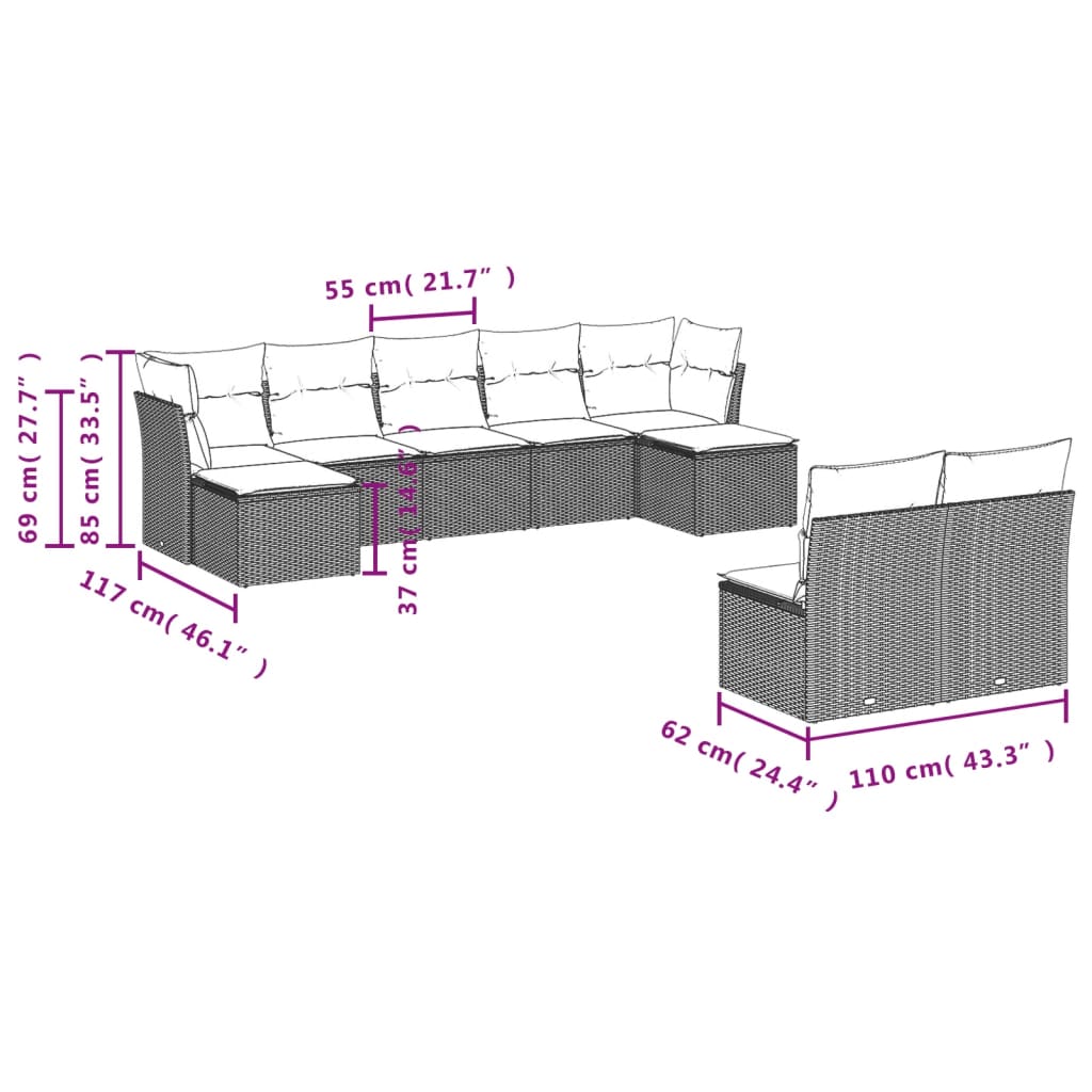 10-tlg. Garten-Sofagarnitur mit Kissen Grau Poly Rattan