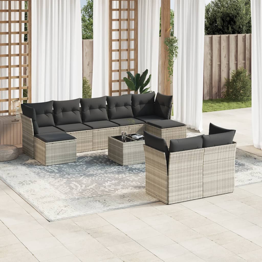 10-tlg. Garten-Sofagarnitur mit Kissen Hellgrau Poly Rattan