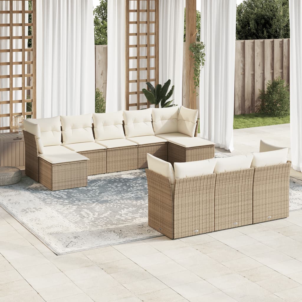 10-tlg. Garten-Sofagarnitur mit Kissen Beige Poly Rattan