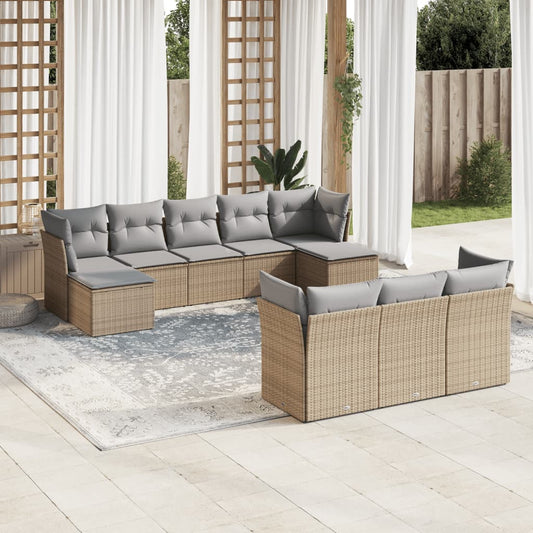 10-tlg. Garten-Sofagarnitur mit Kissen Beige Poly Rattan