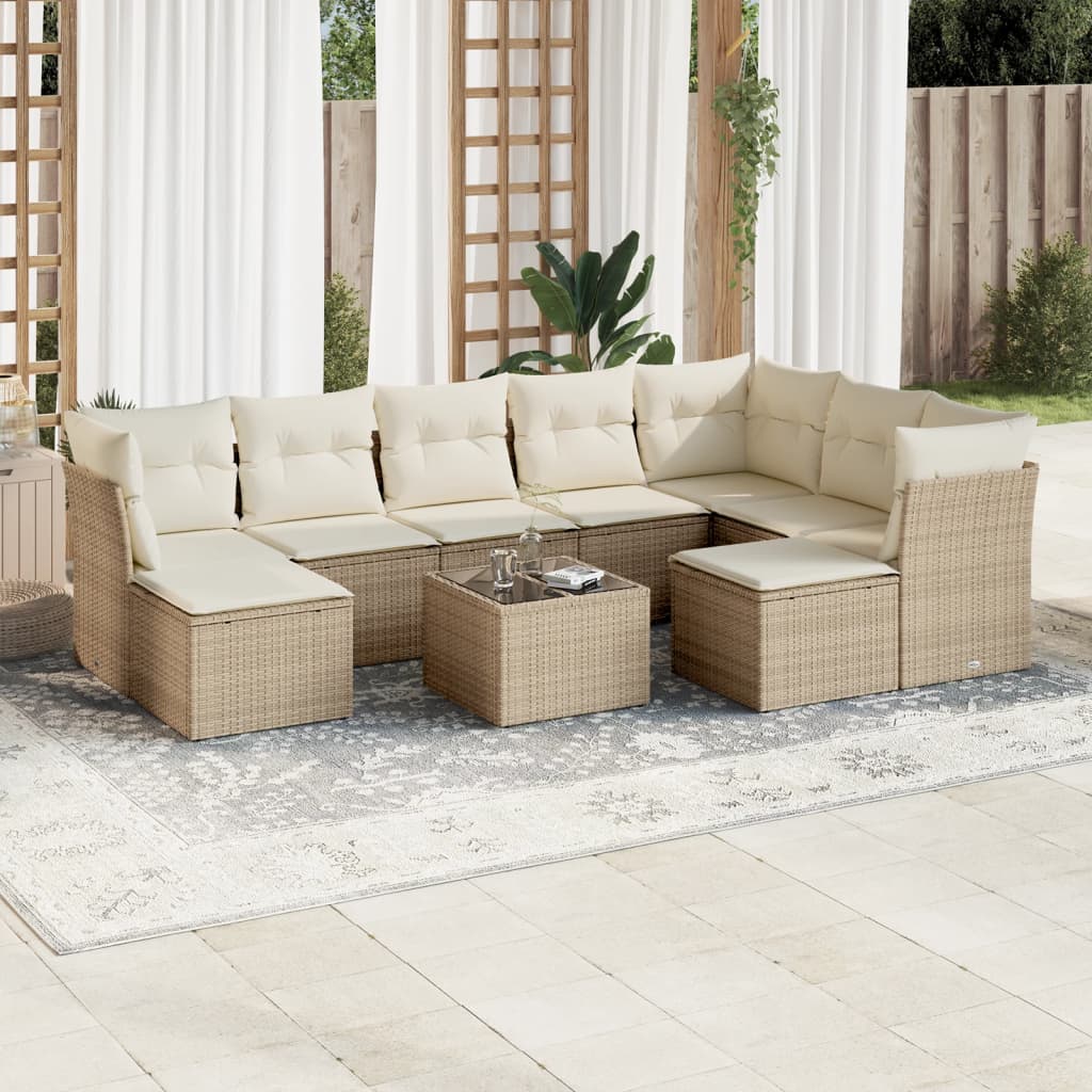 10-tlg. Garten-Sofagarnitur mit Kissen Beige Poly Rattan