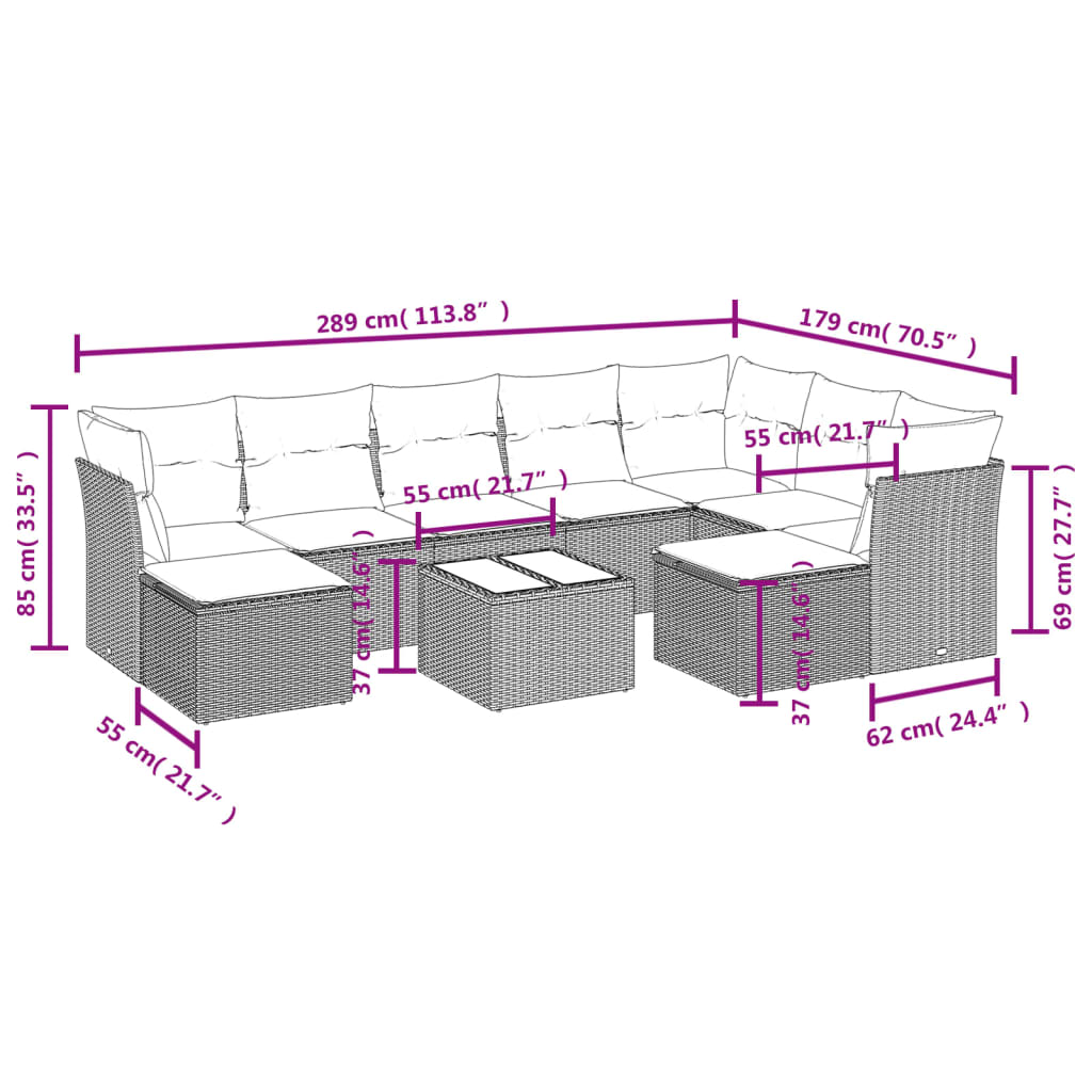 10-tlg. Garten-Sofagarnitur mit Kissen Grau Poly Rattan