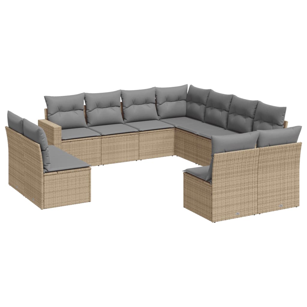 11-tlg. Garten-Sofagarnitur mit Kissen Beige Poly Rattan